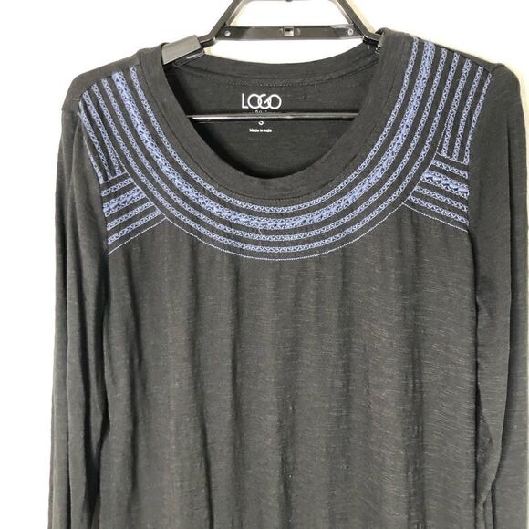LOGO Lori Goldstein Black Asymmetrical Lace Long Sleeve Tee - Picture 3 of 8